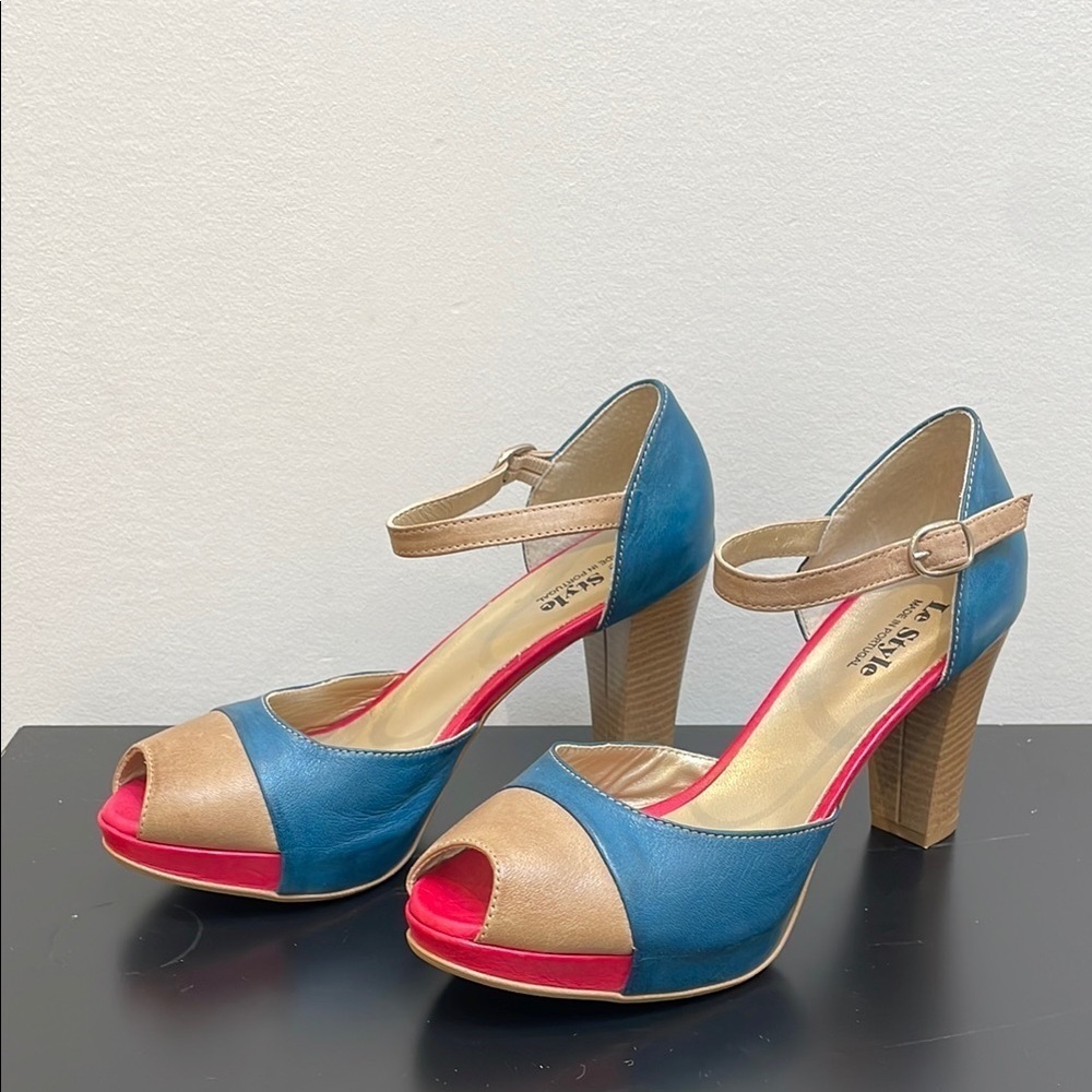 Le Style open toe strap leather heels 6.5 platform pink blue nude summer shoe